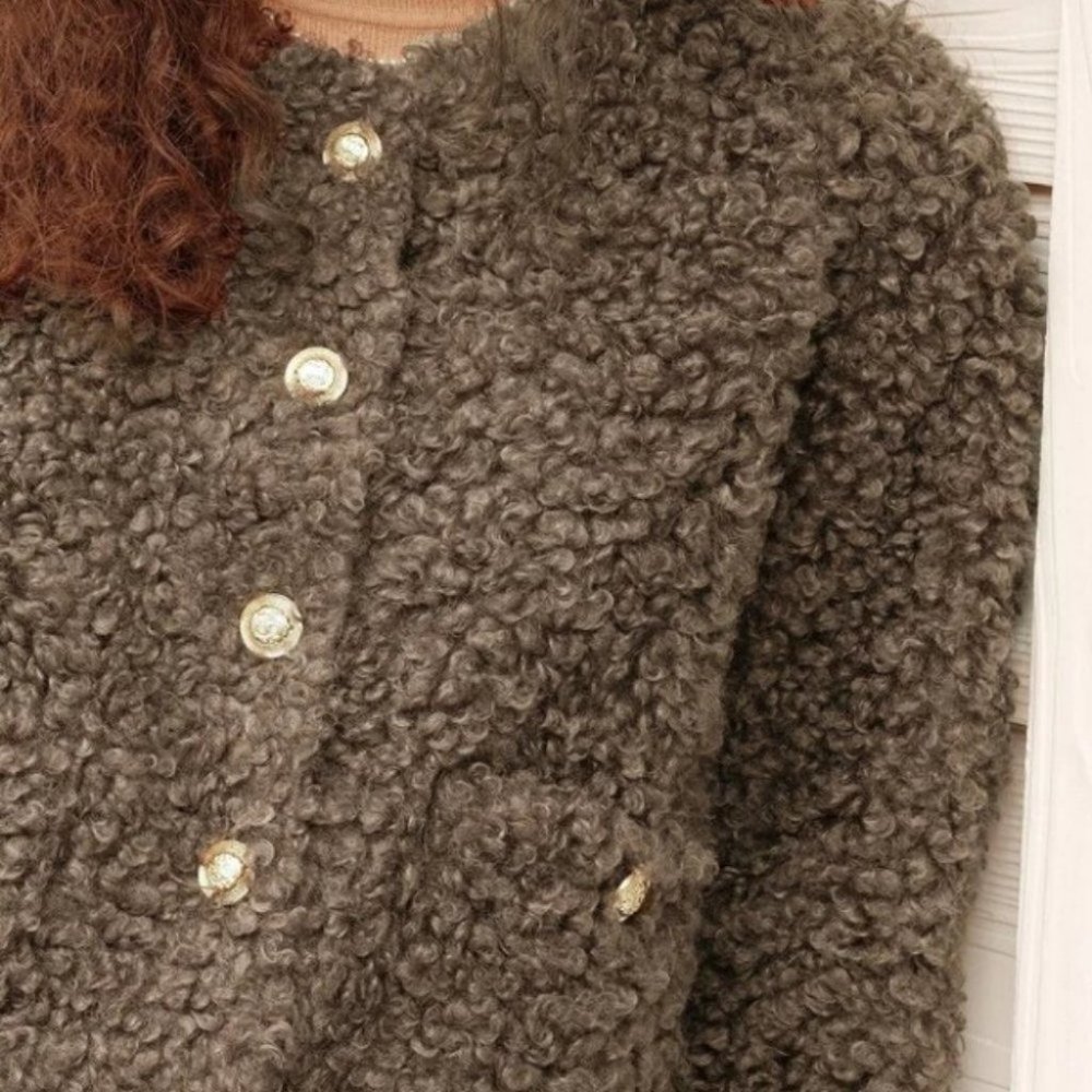 Brown Teddy faux fur Button Down with Pockets Jacket Coat - Picture 4 of 7